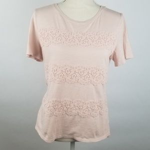 Loft Lt Pink Top w SS, Lace across Front Sz S
